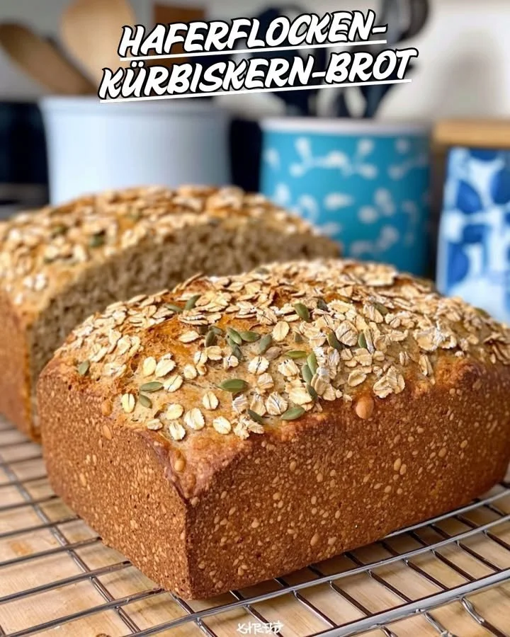 Haferflocken-Kürbiskern-Brot frisch gebacken auf einem Holztisch