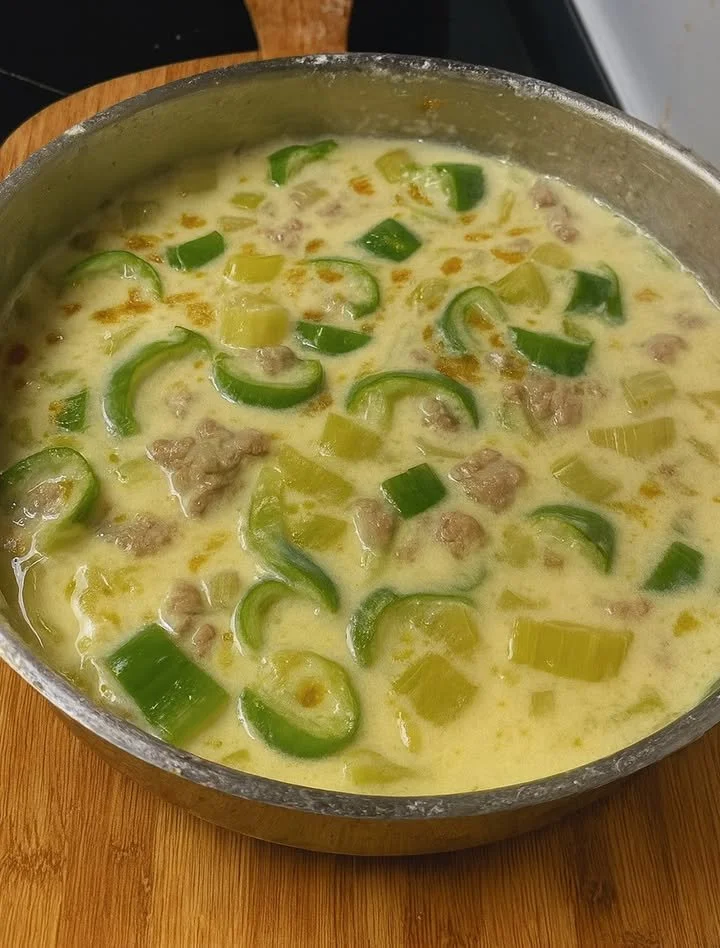 Schüssel mit herzhafter Käse-Lauch-Suppe, garniert mit frischen Kräutern