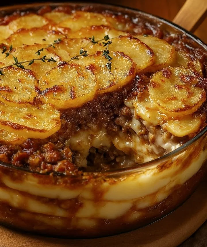 Herzhafter Kartoffel-Hackfleisch-Gratin in einer Auflaufform