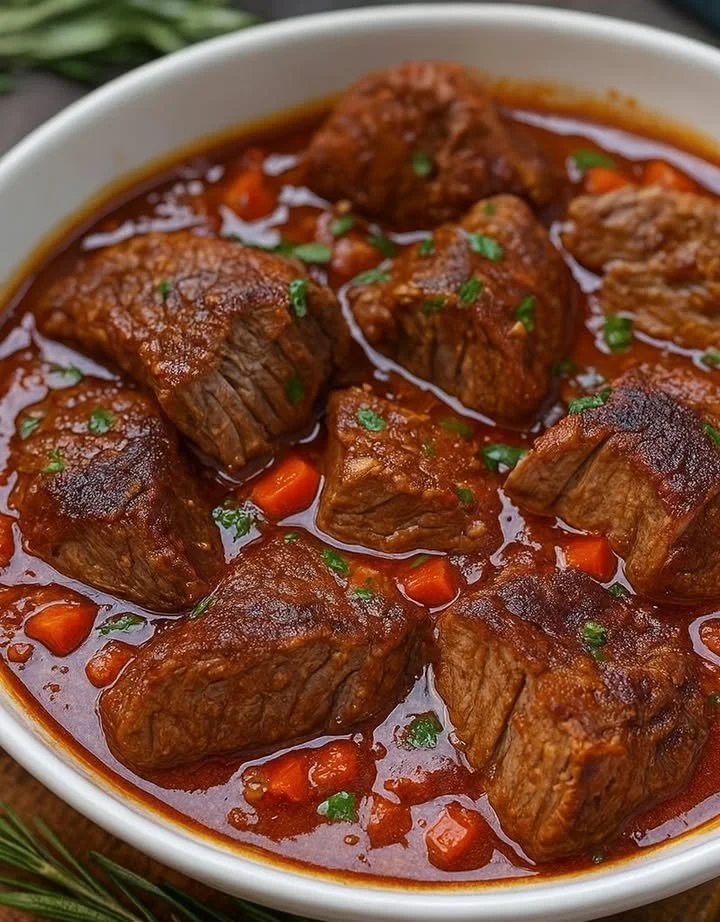 Leckerer italienischer Schmorbraten mit Knoblauch auf einem Teller serviert