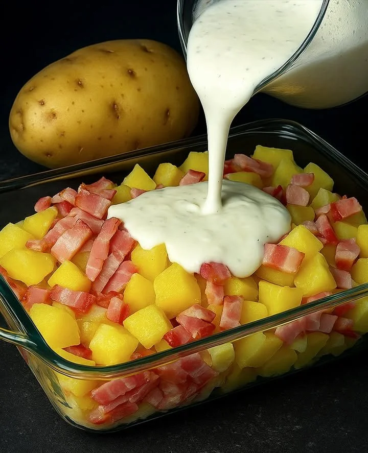 Kartoffelgratin mit Schinken auf einem Teller angerichtet