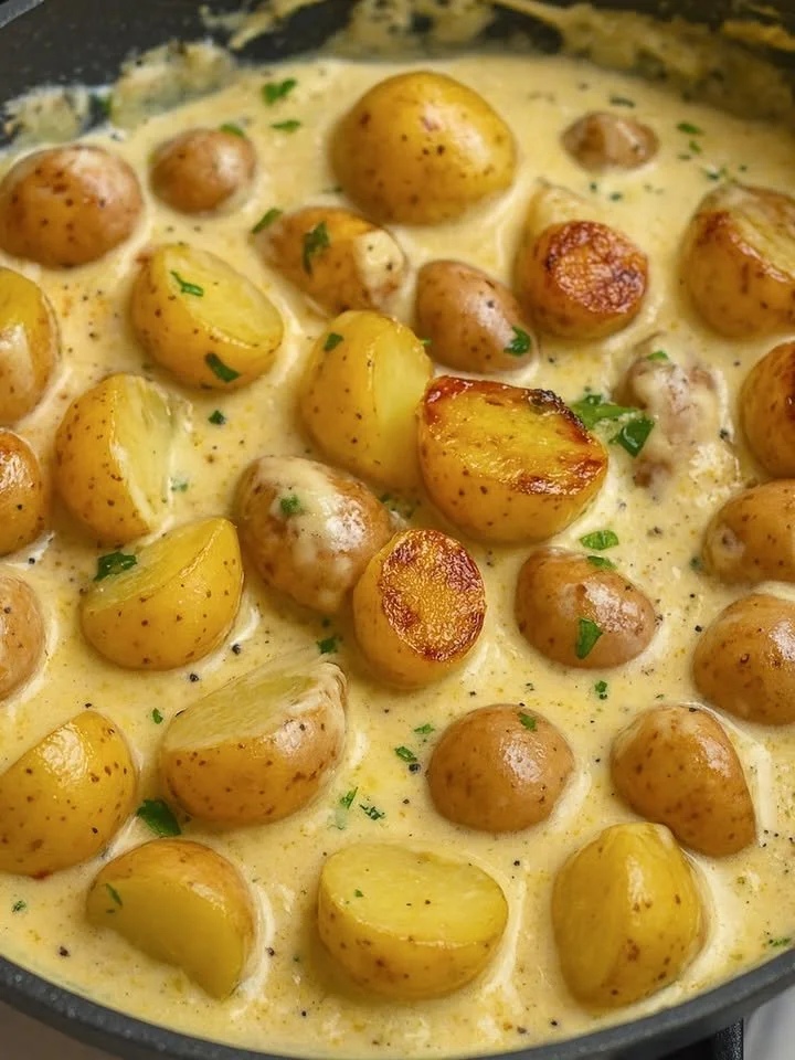 Leckere Kartoffeln in cremiger Knoblauch-Sahnesauce serviert auf einem Teller