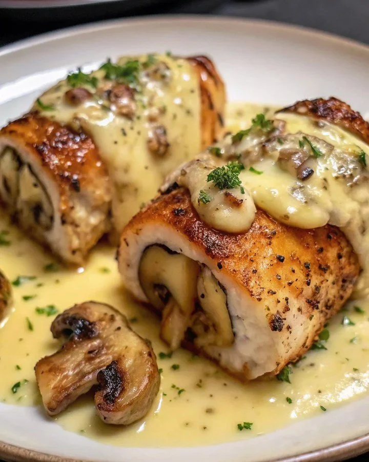 Käse-Knoblauch-Butter-Pilzgefülltes Hühnchen auf einem Teller serviert