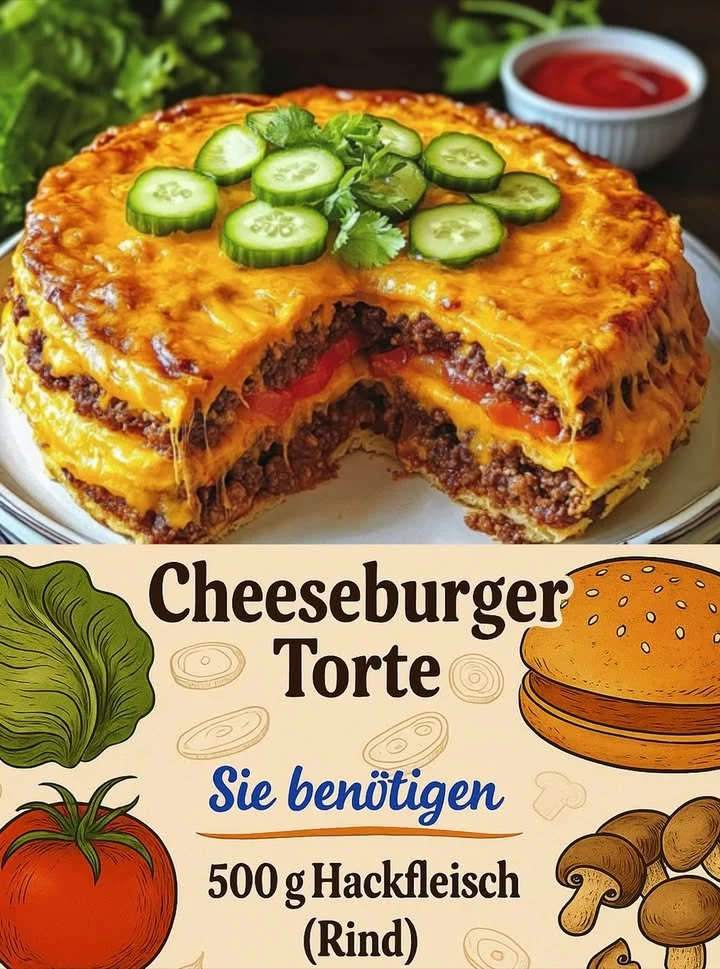 Leckere Käseburger-Torte, ein kreatives und schmackhaftes Dessert.