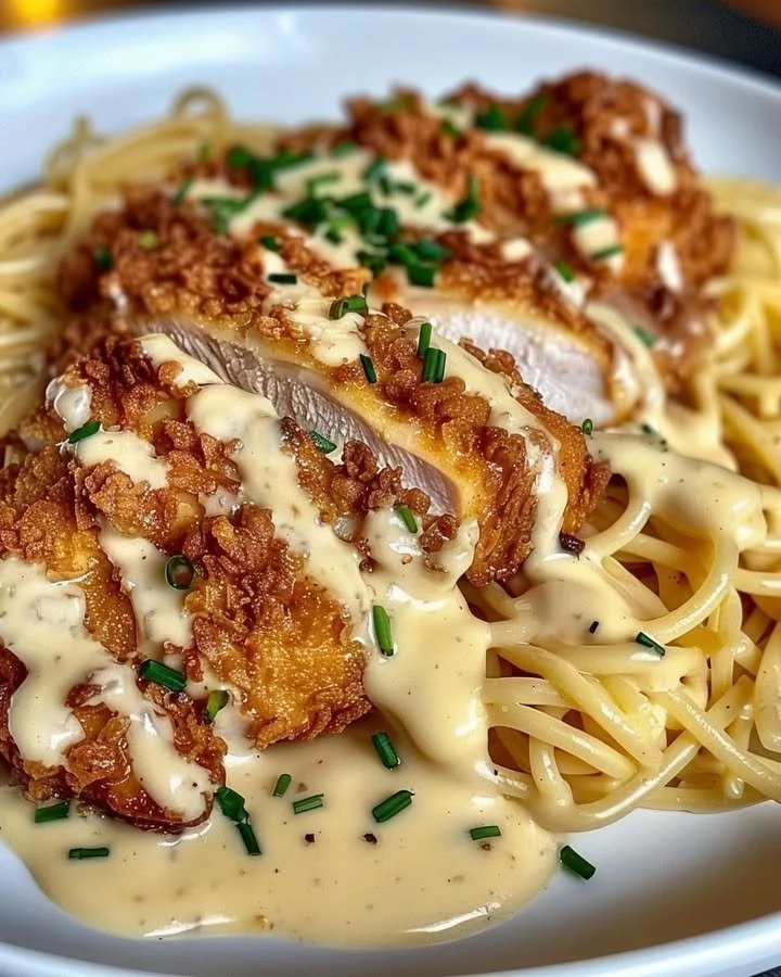 Knuspriges Hähnchen mit cremiger Pasta auf einem Teller serviert