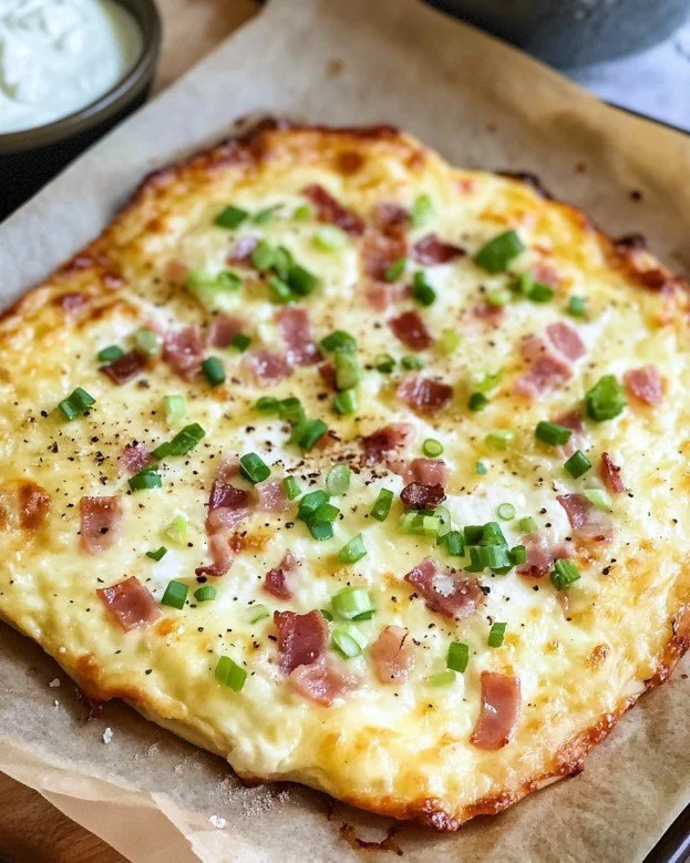 Kohlenhydratarmer Quark-Flammkuchen frisch aus dem Ofen, serviert auf einem Holzbrett.