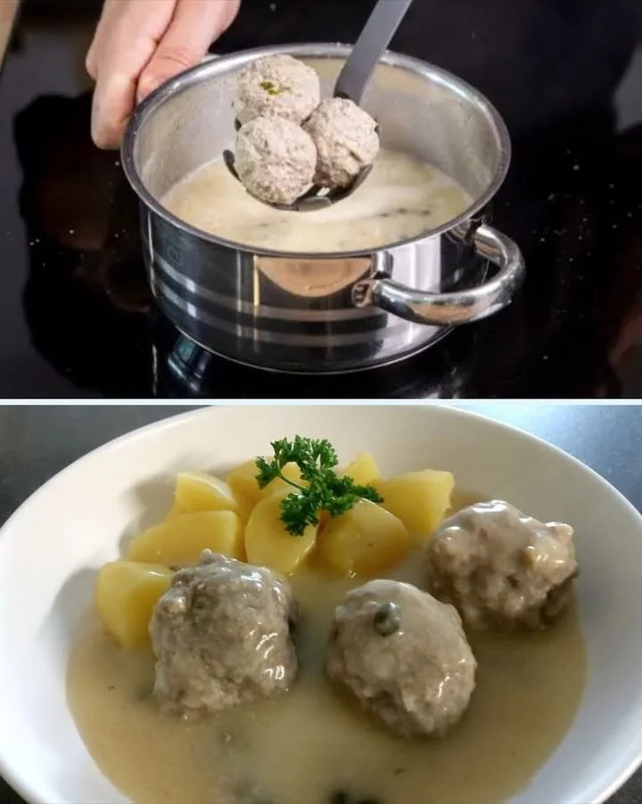 Königsberger Klopse mit Kapernsauce auf einem Teller serviert