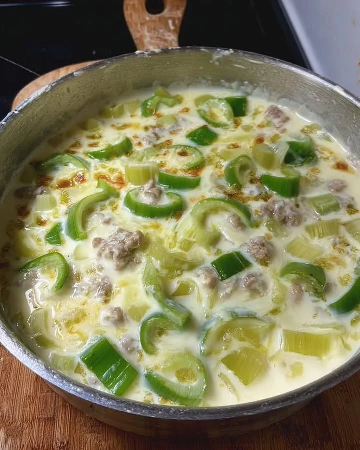 Schüssel mit leckerer Käse-Lauch-Suppe, garniert mit frischen Kräutern.
