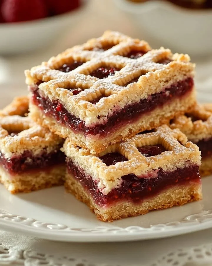 Linzer Torte Riegel mit Marmelade und Nüssen serviert auf einem Teller