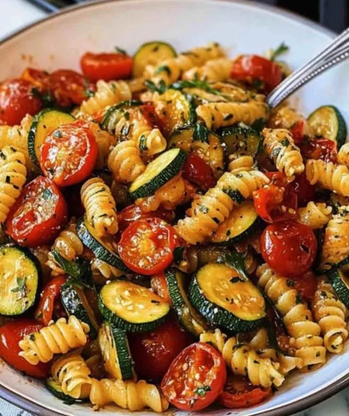 Pasta mit Tomaten und Zucchini auf einem Teller, garniert mit frischem Basilikum