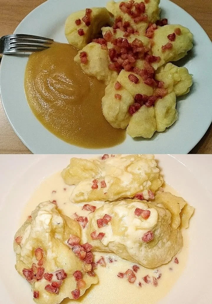 Ein Teller mit frisch zubereiteten Mehlklößen, serviert mit Soße.
