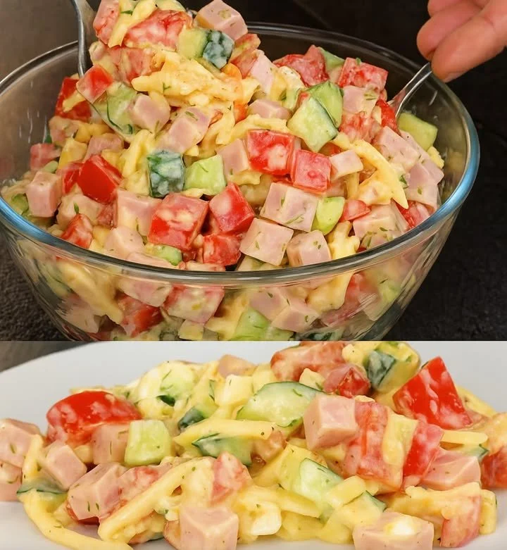 Leckeren Paprika-Gouda-Salat mit Fleischwurst auf einem Teller serviert