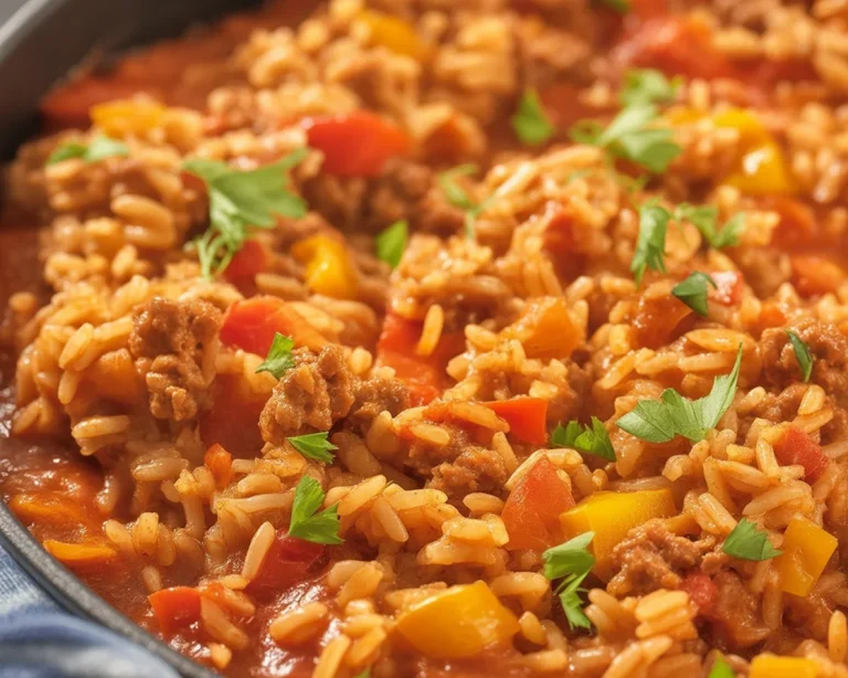 Paprika-Reispfanne mit Hack und buntem Gemüse in einer großen Pfanne