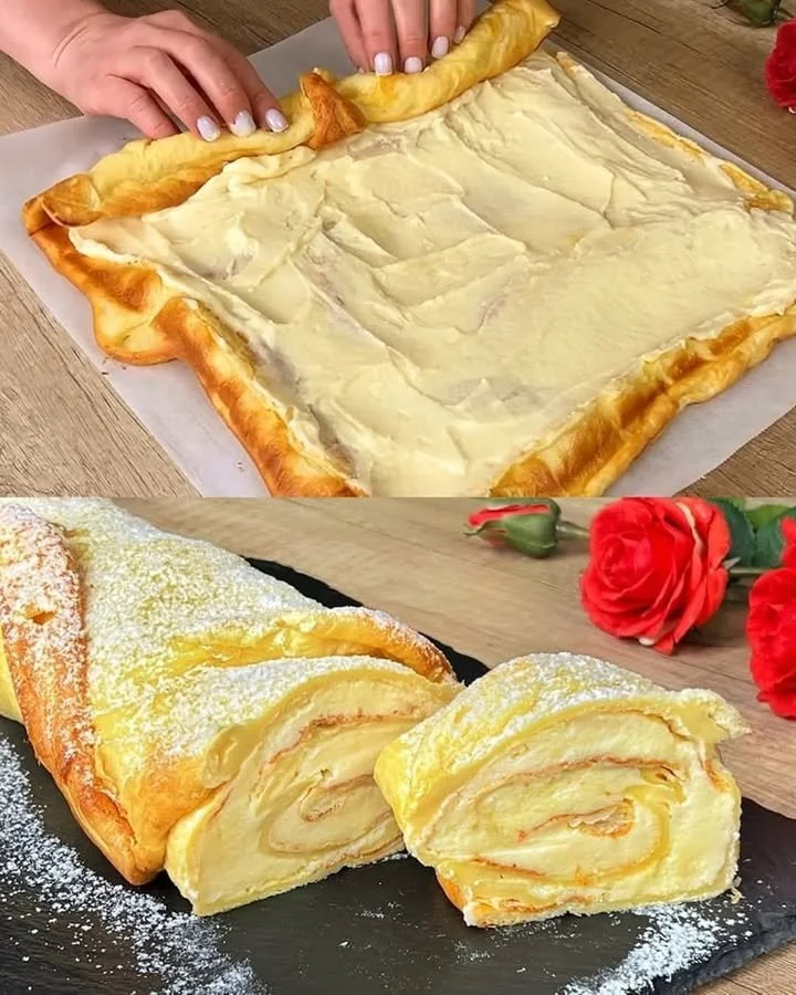 Pfannkuchen-Rollen mit Joghurt-Creme-Füllung auf einem Teller serviert