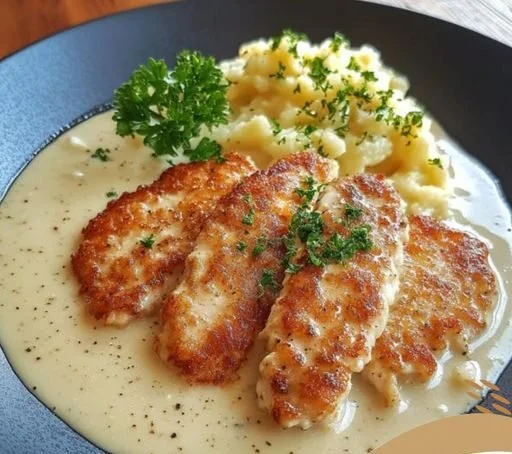 Zartes Rahmschnitzel in cremiger Sauce auf einem Teller serviert.