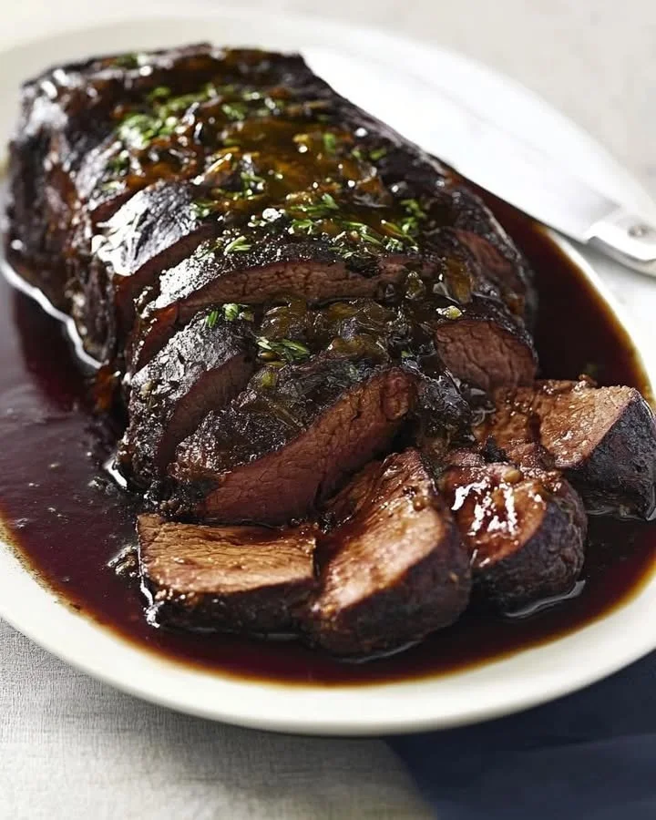 Rheinischer Sauerbraten auf einem Teller mit Beilagen