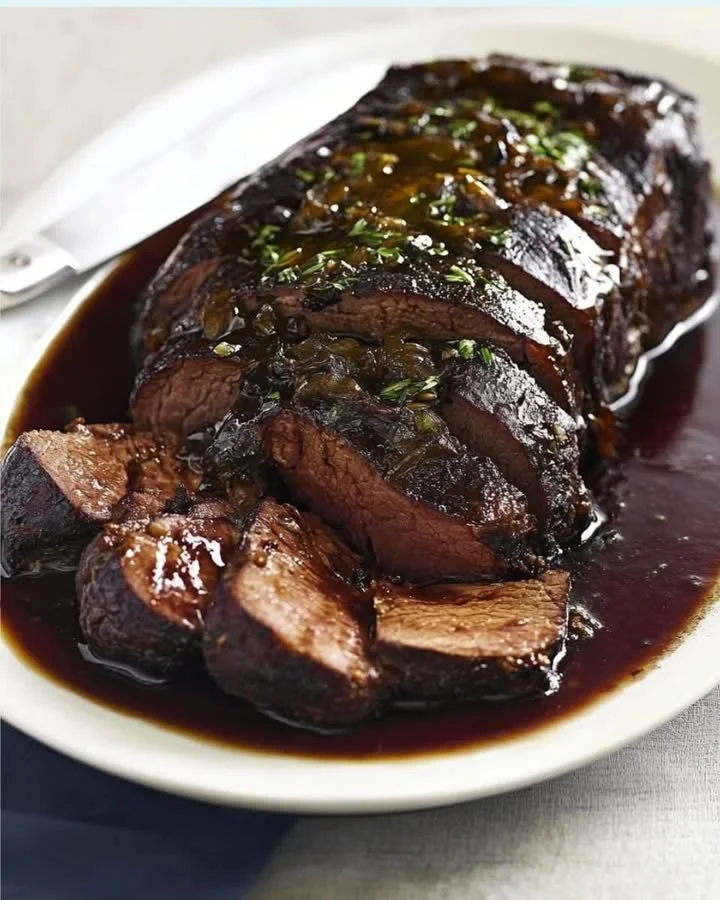 Richtiger rheinischer Sauerbraten serviert mit Beilagen auf einem Teller.