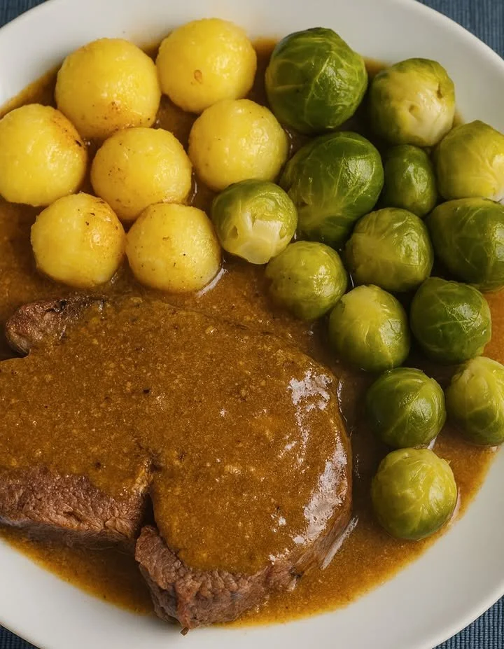 Rinderbraten mit Kartoffelklößen und Rosenkohl auf einem Teller serviert