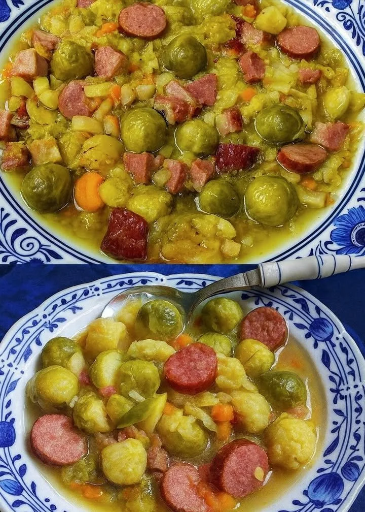Leckere Portion Rosenkohl-Eintopf im Topf serviert