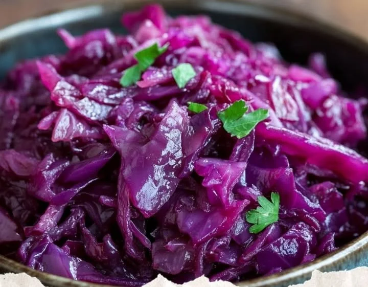Schüssel mit leckerem Rotkohl, zubereitet nach traditionellen Rezepten.