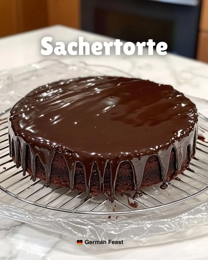 Ein Stück Sachertorte auf einem Teller mit Schokoladenglasur.