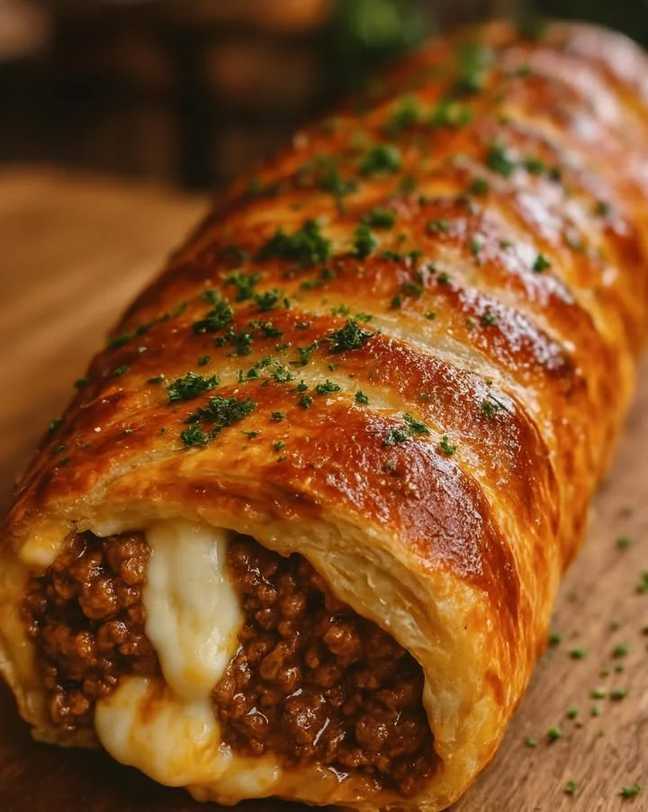 Saftige Hackfleisch-Käse-Rolle aus frisch zubereitetem Hackfleisch und Käse.