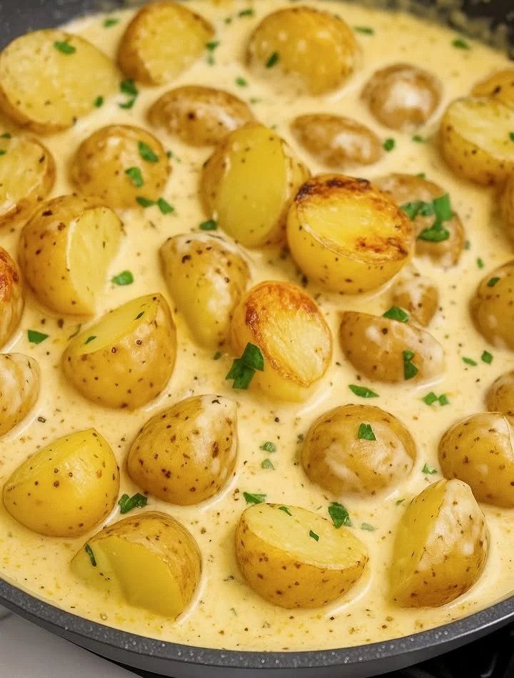 Samtige Knoblauch-Sahnesauce serviert mit leckeren Kartoffeln