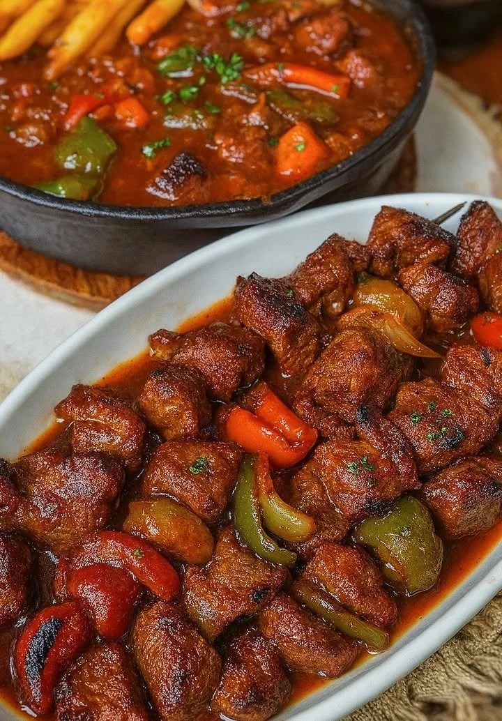 Schaschliktopf aus dem Backofen mit Gemüse und Fleisch