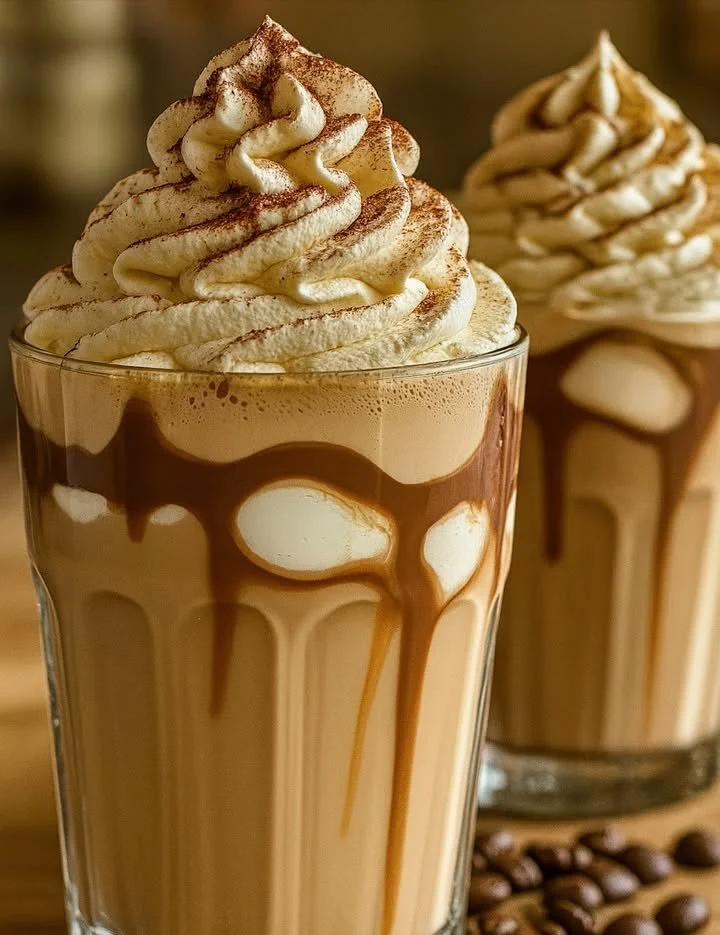 Schneller Eiskaffee mit Sahne und Eiswürfeln in einem Glas serviert.