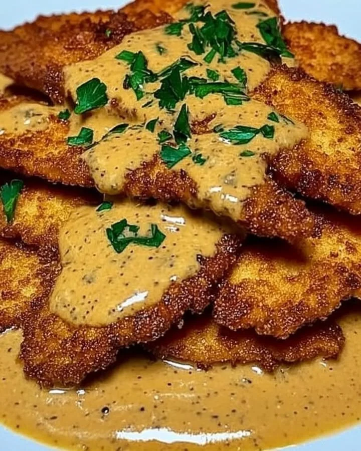 Schnitzelstreifen in cremiger Senfsahnesoße serviert mit Beilagen