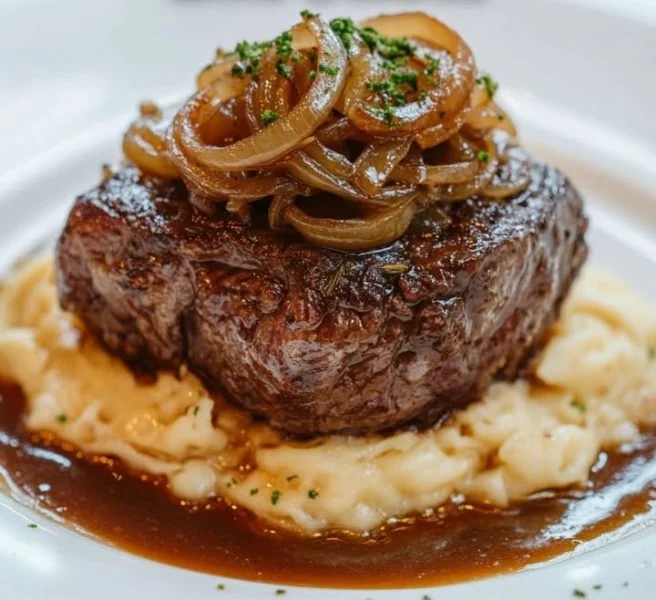 Schwäbisches Rinderfilet mit Zwiebeln auf einem Teller serviert.