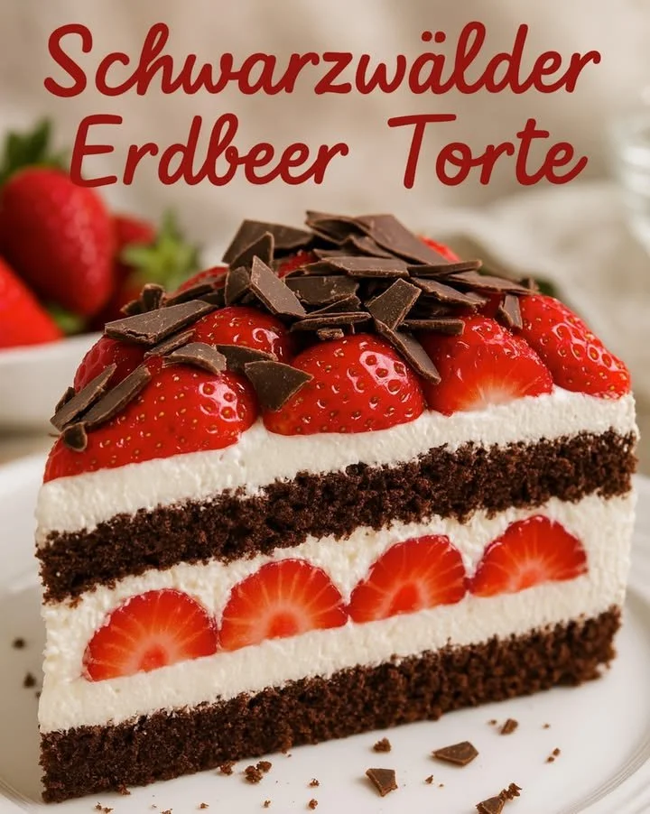 Schwarzwälder Erdbeertorte mit frischen Erdbeeren und Sahne geschichtet