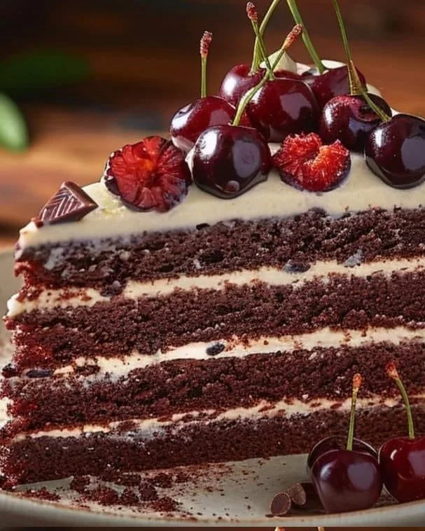 Schwarzwälder Kirschtorte mit Kirschen und Sahne dekoriert