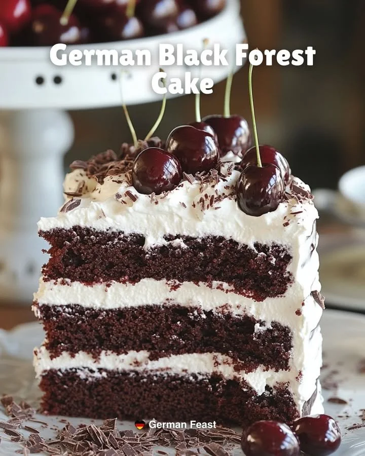 Schwarzwälder Kirschtorte mit Kirschen und Schlagsahne auf einem Teller