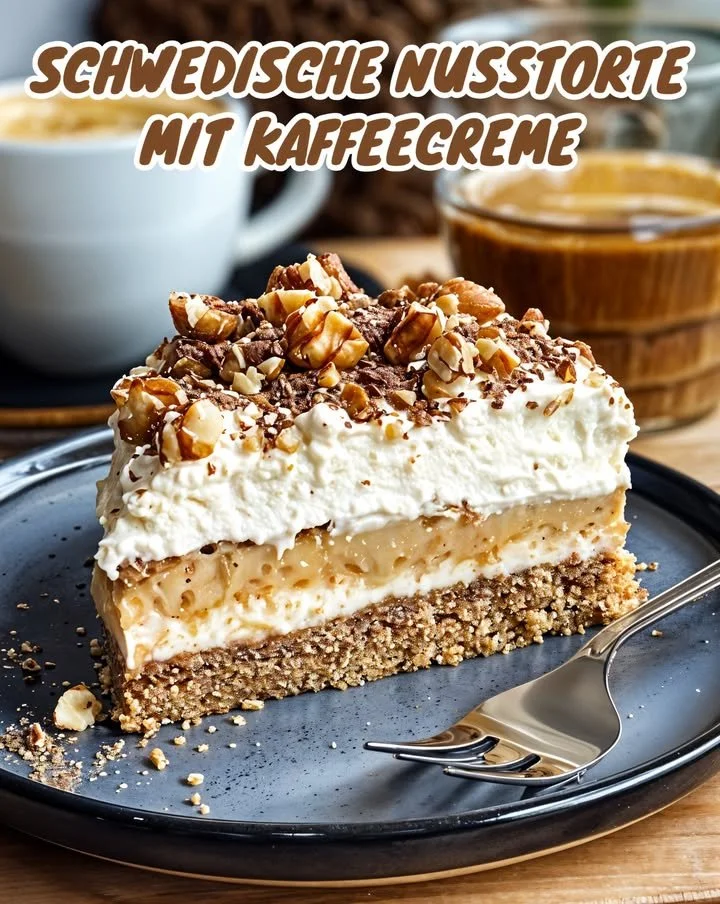 Schwedische Nusstorte mit Kaffeecreme auf einem eleganten Teller serviert.
