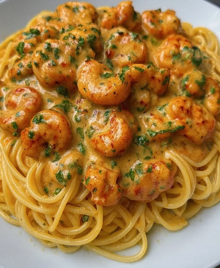Spaghetti mit Garnelen in cremiger Soße auf einem Teller serviert
