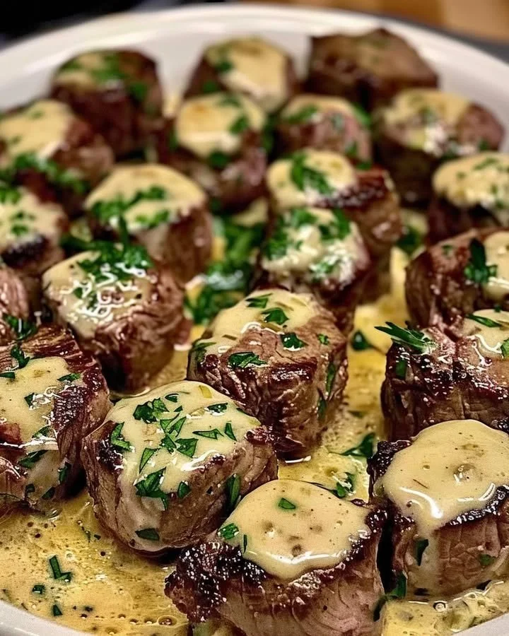 Steakhäppchen mit Knoblauchbutter und cremiger Parmesansauce auf einem Teller