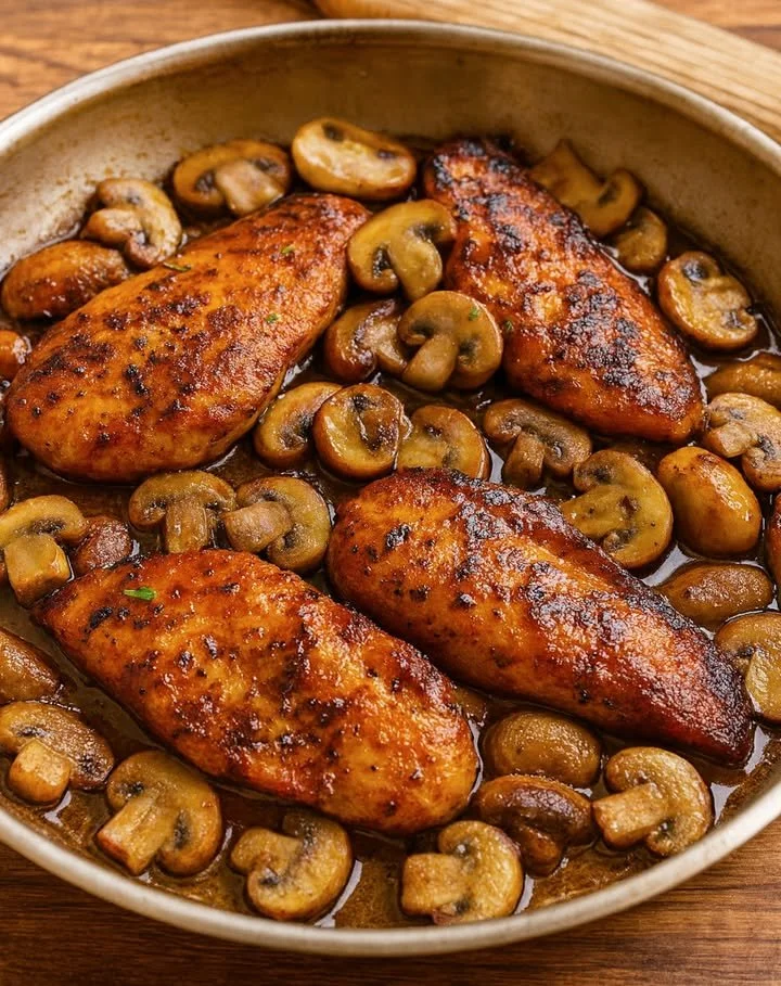 Saftige Hähnchen-Champignon-Pfanne auf einem Teller serviert
