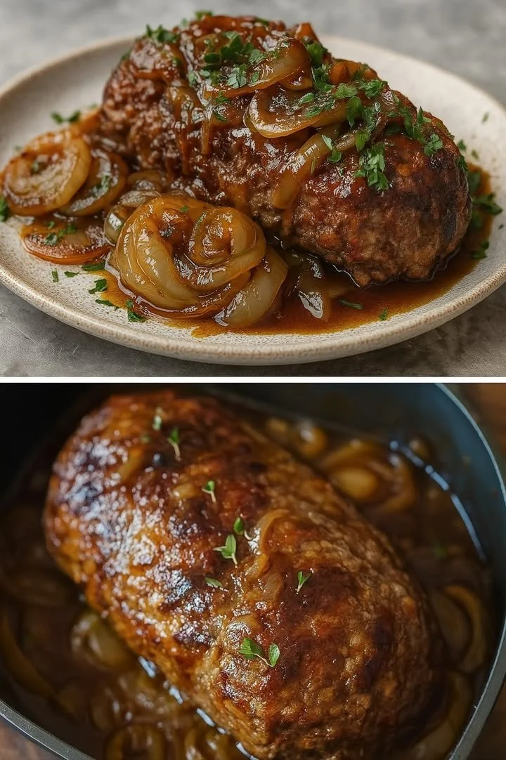 Saftiger Zwiebel-Hackbraten auf einem Teller, garniert mit frischen Kräutern.