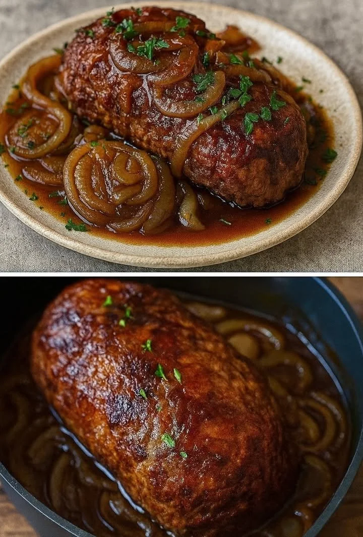 Supersaftiger Zwiebel-Hackbraten auf einem Teller serviert