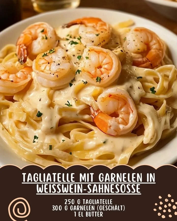 Tagliatelle mit Garnelen in Weißwein-Sahnesauce auf einem Teller serviert