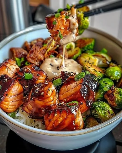 Gericht mit Teriyaki-Lachs und knusprigen Rosenkohl-Sprossen