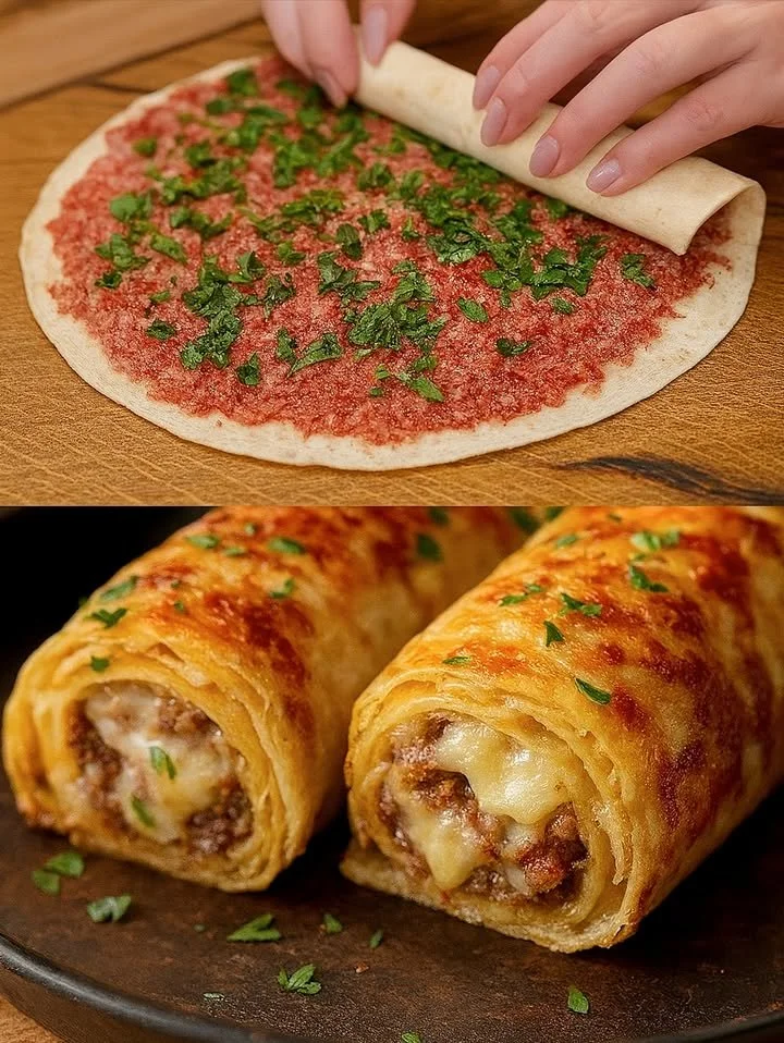 Leckere Tortilla mit Hackfleisch auf einem Teller serviert.