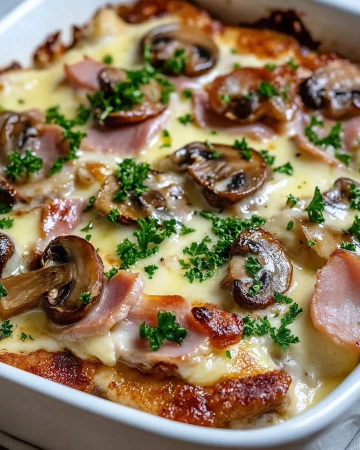 Überbackenes Schnitzel mit Käse und Kräutern, serviert mit Beilagen.