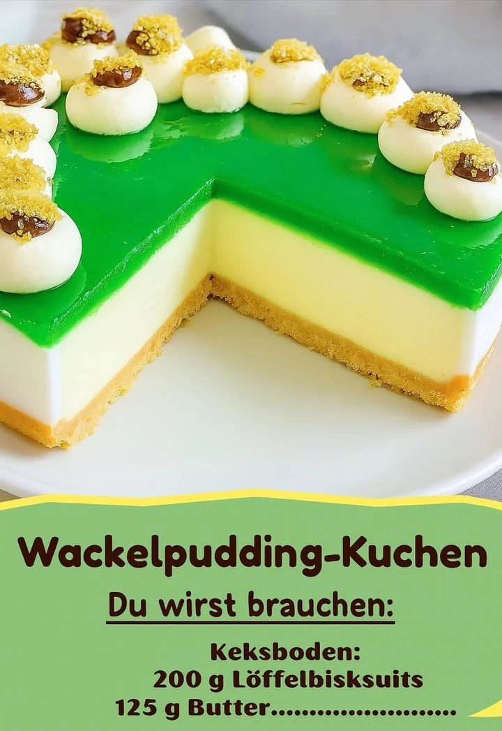 Bunter Wackelpudding-Kuchen mit frischen Früchten auf einem weißen Teller