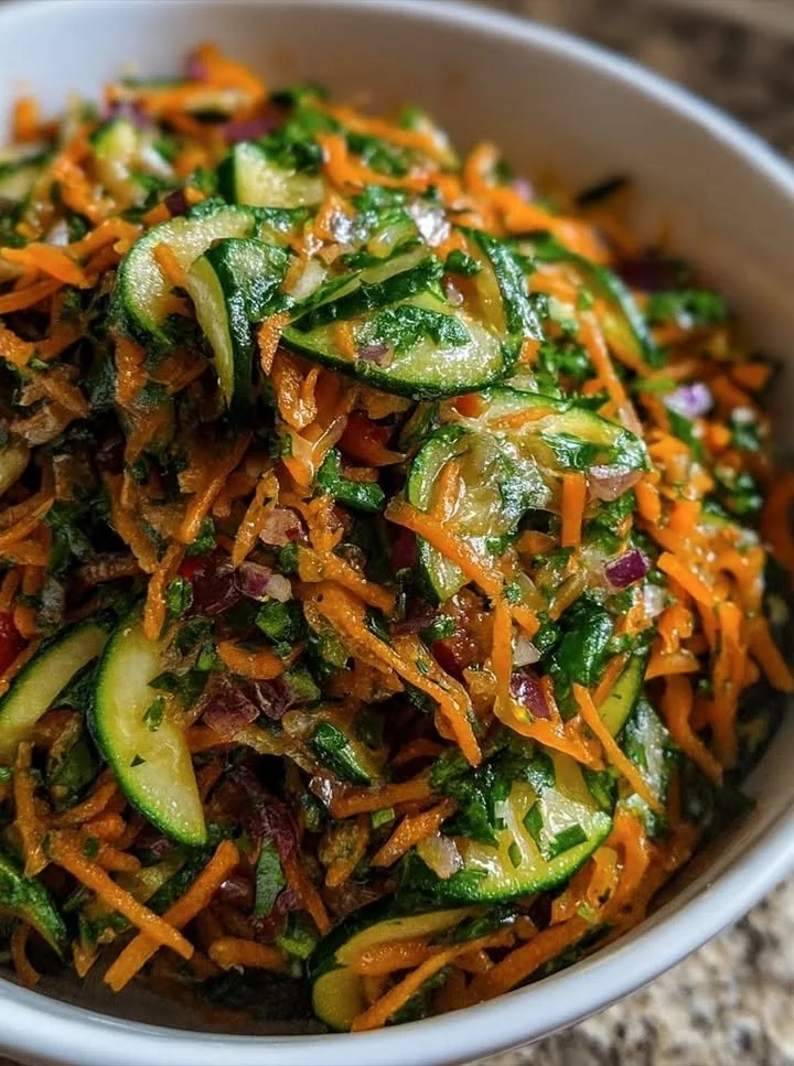 Zucchini-Carrot Salad with Lemon Garlic Dressing in a colorful bowl.