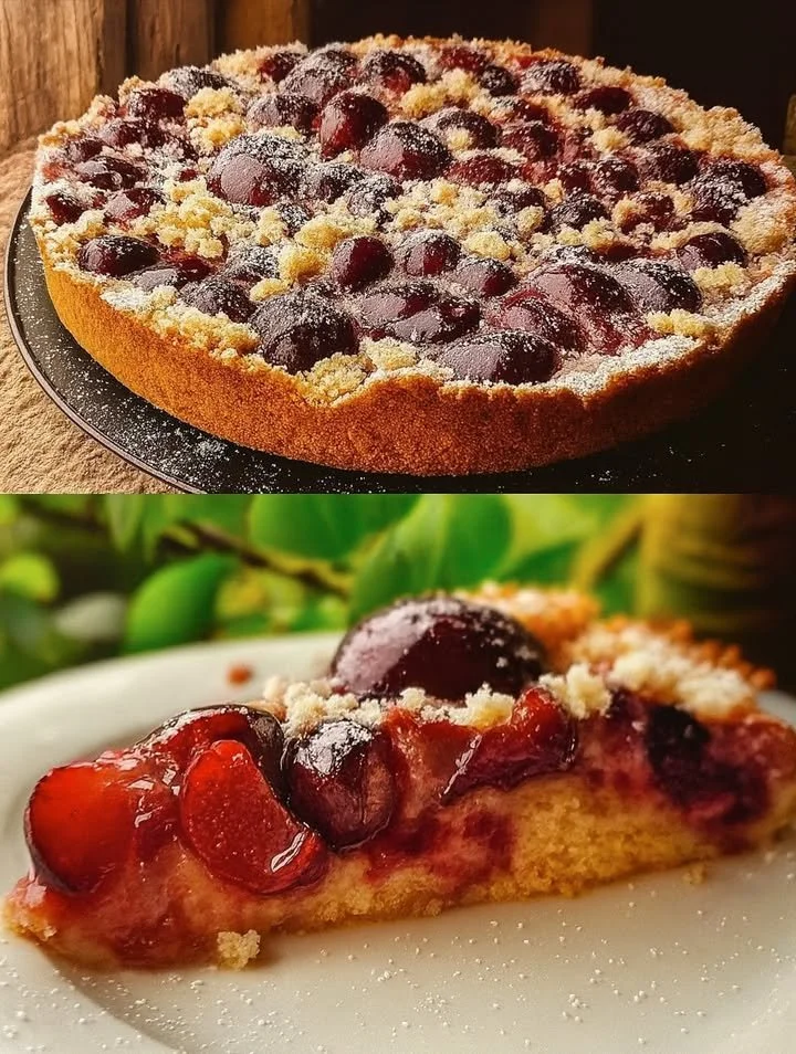Zwetschgenkuchen mit Vanillepudding auf einem Teller, garniert mit frischen Zwetschgen.