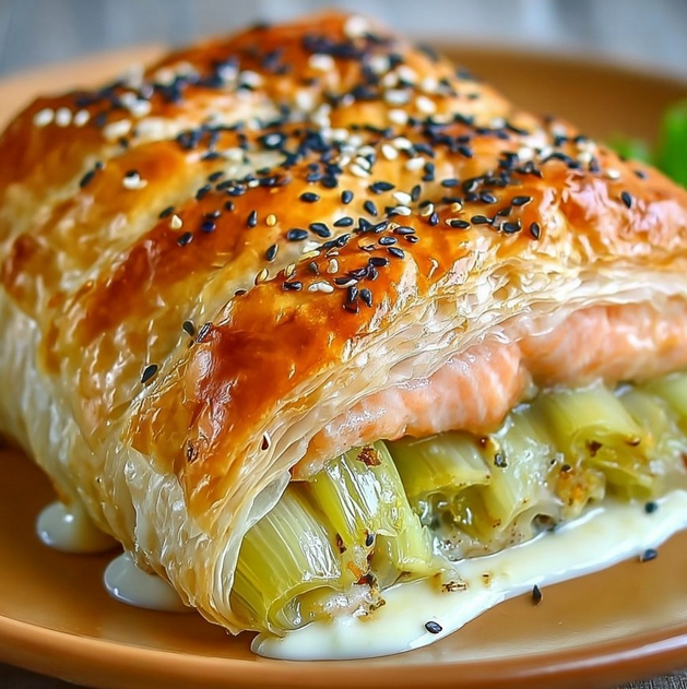 Blätterteiglachs mit schmelzendem Lauch – einfach, lecker & cremig