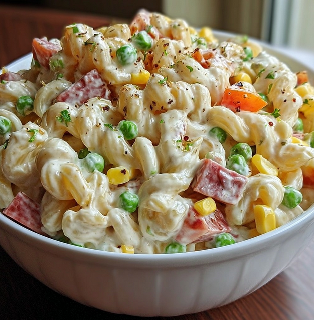 Cremiger Nudelsalat mit Schinken, Mais und Erbsen – einfach & perfekt für jede Gelegenheit