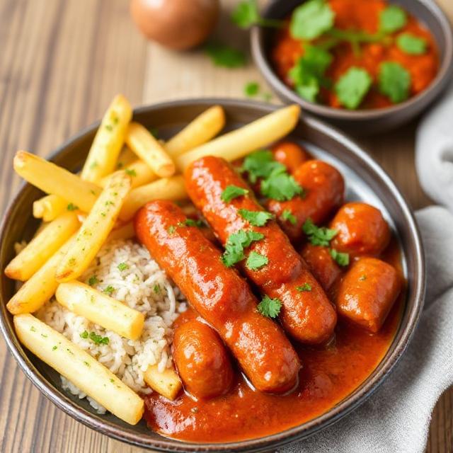 Selbstgemachte Currywurst mit Pommes